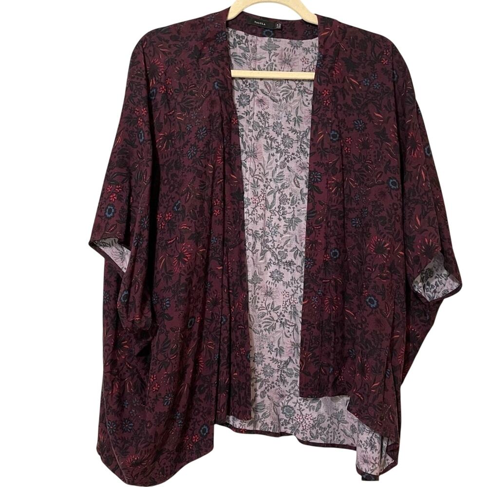 Talula Burgundy Floral Short Sleeve Open Front Kimono Cardigan Sweater Womens M
